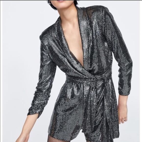 Zara Sequined Long Sleeve Gun Metal Romper - Picture 2 of 9